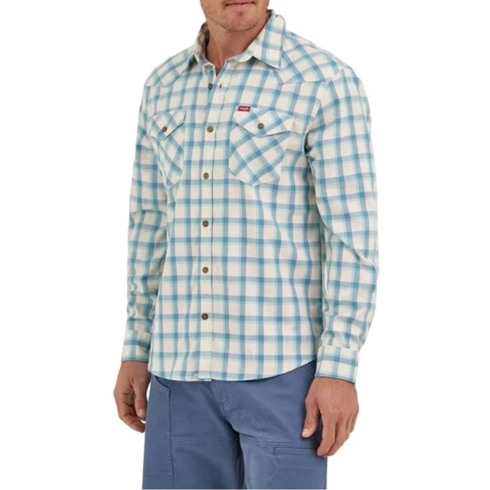 Men’s Size 3XL Long Sleeve Button Wrangler Western Cowboy Shirt Light Blue Plaid